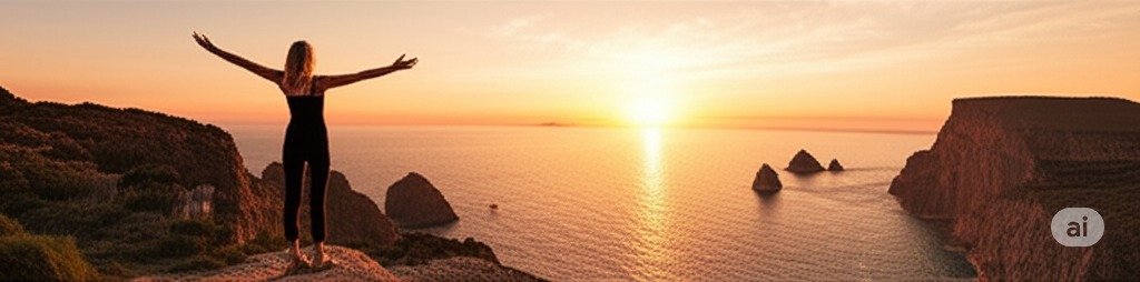 A woman stands on a clifftop with her arms spread wide, overlooking a brilliant sunset over the ocean, conveying a sense of freedom and inspiration.